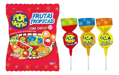 Pirulito Pop Mania Com Recheio Chiclete C/50un Sabor Frutas Tropicais