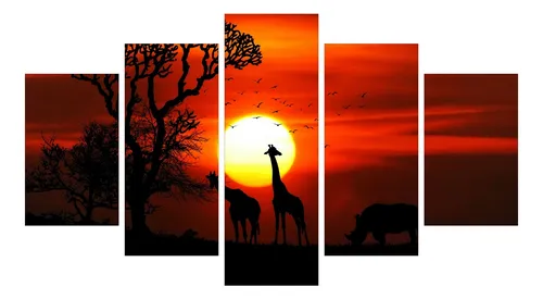 Cuadros 5 Secciones Jirafas Atardecer Africano