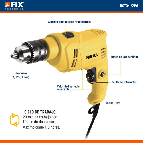 Taladro Rotomartillo 1/2 Pretul Roto-1/2p6 550w V. Variable Color Amarillo