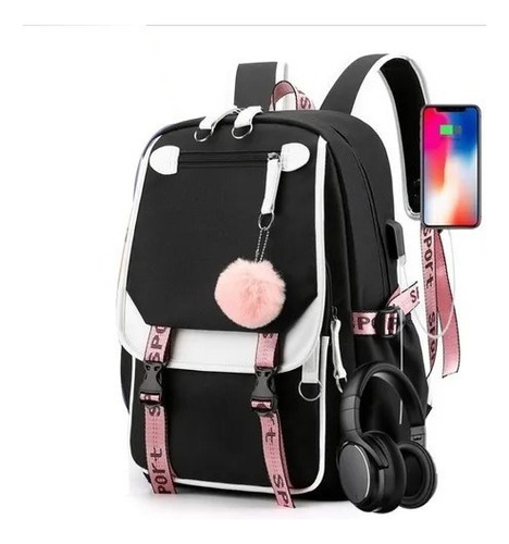 Mochila de gran capacidad con interfaz USB de color negro