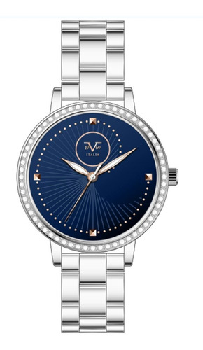 Reloj De Mujer V1969 Italia Plateado Azul Con Cristales