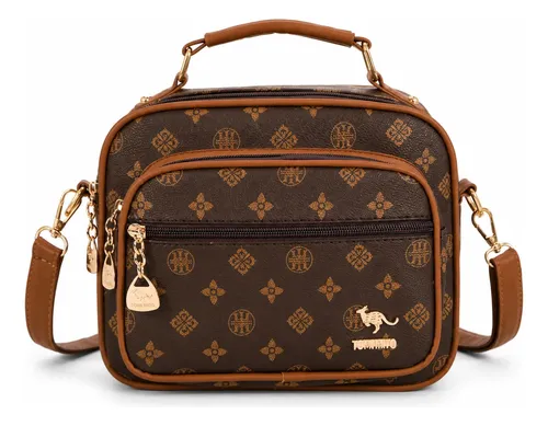 Bolsa Feminina Média Transversal Couro Pu Estampada Floral Marrom Flores Níquel