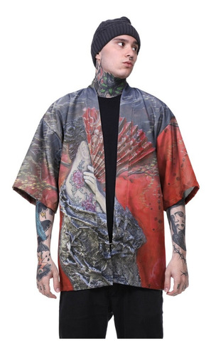 Kimono Haori Oriental Japão Gueixa Geisha Leque Streetwear