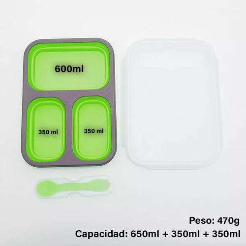 Tapper Comida Colaciones Plato Plegable Camping 3 Compartimientos Porta Snack Silicona 1.350 Ml Hermetico Contenedor Snack Plegable Portacereales Tapa Plastica Hermética Color Verde Hauki