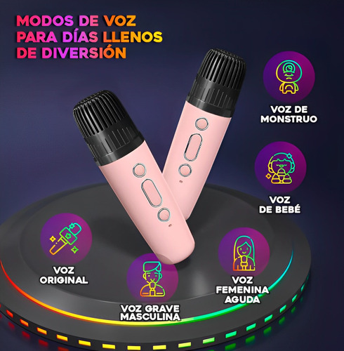 Parlante Portátil Led Rgb Bluetooth Karaoke 2 Micrófonos Rosa