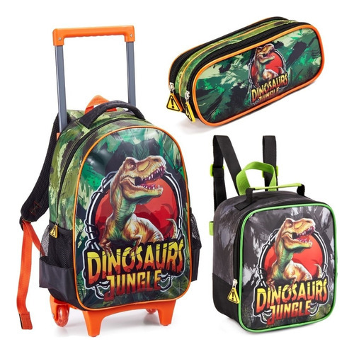 Kit Mochila Rodas Lancheira Estojo Escolar Dinossauro Dl1514