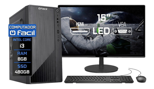 Imagem 1 de 5 de Computador Fácil Completo Intel I3 8gb Ssd 480gb Monitor 15