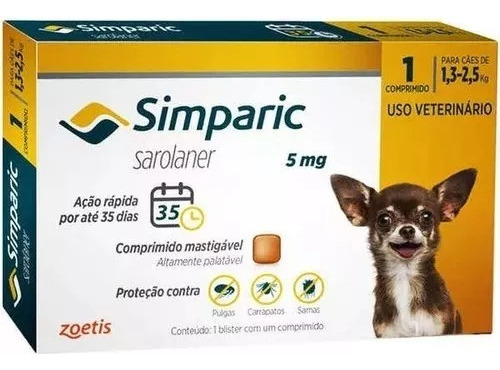 Antipulgas Para Cães Simparic 5mg 1,3-2,5kg 1 Comp. Zoetis