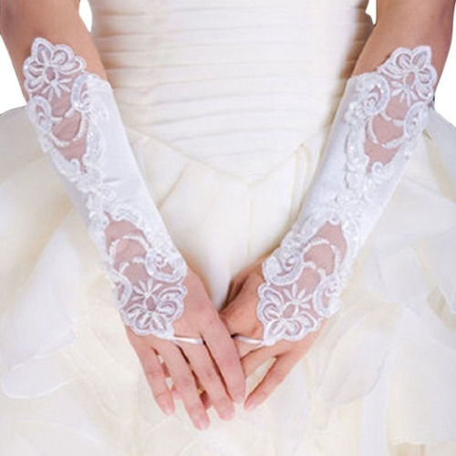 1 Par Largo De Novias Bordadas Sin Guantes