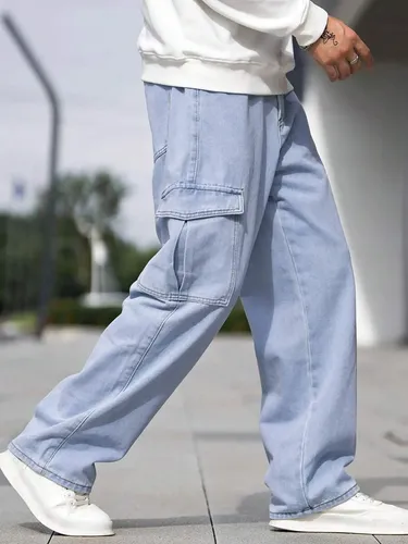 MLB 5577984718 Calca Cargo Jeans Larga Bolsos Lateral Streetwear Skatista JM