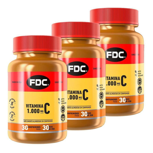 Kit 3 Vitamina C Ácido Ascórbico 1000mg 30 Comprimidos Fdc