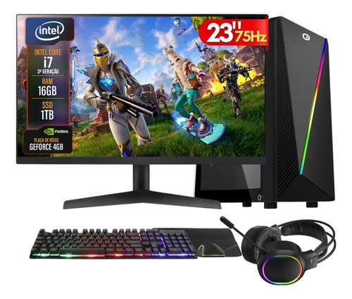 PC Gamer Completo 2Eletro Player, Intel Core i7, 16GB RAM, Placa de vídeo Geforce 4GB, SSD 1TB, Fonte 500W, Monitor 23" Full HD 75Hz, Kit Gamer com Headset - PG2E-RGB1023PL