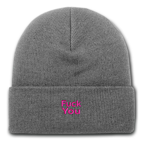 Gorro Lana Rocky Gris Bordado Fuck You Texto Fucsia