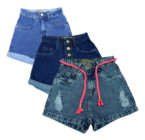 Short Brim Jeans Cintura Alta Hot Pants Coloridos Kit C/3