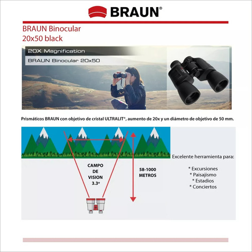 Imagen 5 de 8 de Binoculares Braun 20x50 Ultralit Porro Bk7 Funda Correa Ent