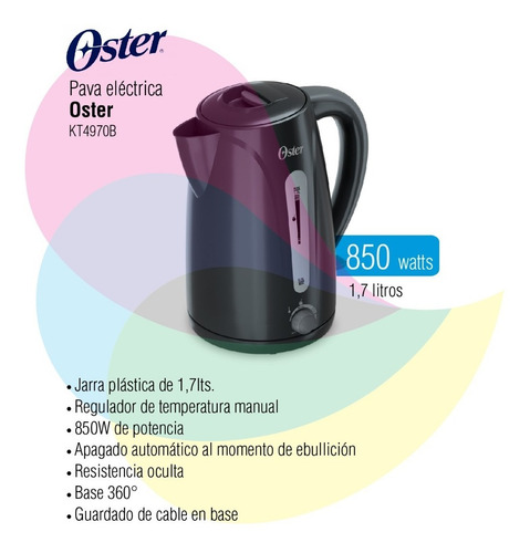Imagen 2 de 4 de Pava Eléctrica Oster Negra Bvstkt4970 220v 1.7l