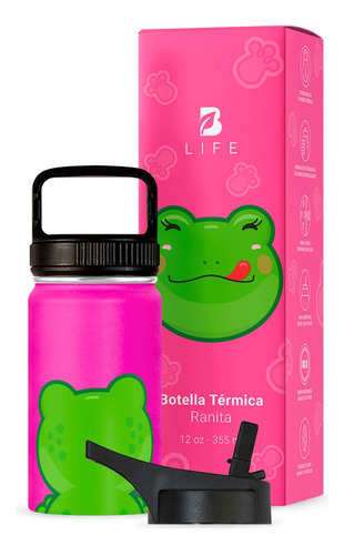 Termo De Agua Para Niños 355 Ml Con Popote Y Asa. B Life Color Rana