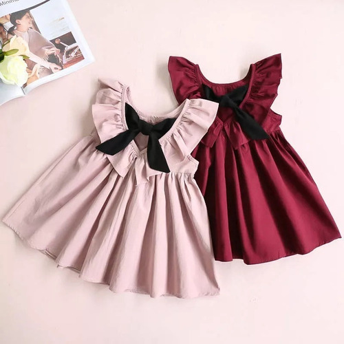 Hermoso Vestido Para Niñas Diseño Lazo Negro Con Manga Corta