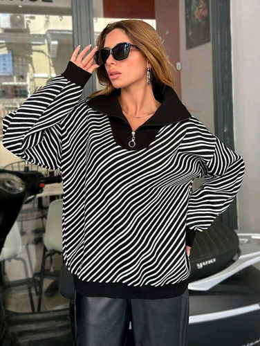 Sweater Abrigo Rayado Importado Con Cuello Tejido Cierre