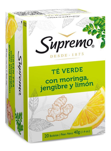 Té Verde Supremo Con Moringa, Jengibre Y Limón 20 Bolsitas