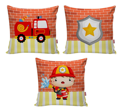 Kit 3 Capa Almofada Decorativa Quarto Infantil Bombeiros