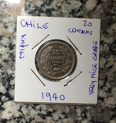 Moneda Chile 20 Centavos 1940 Escasa 