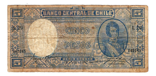 Chile - Billete 5 Pesos 1942 Oyarzun Meyerholz - L29 042045