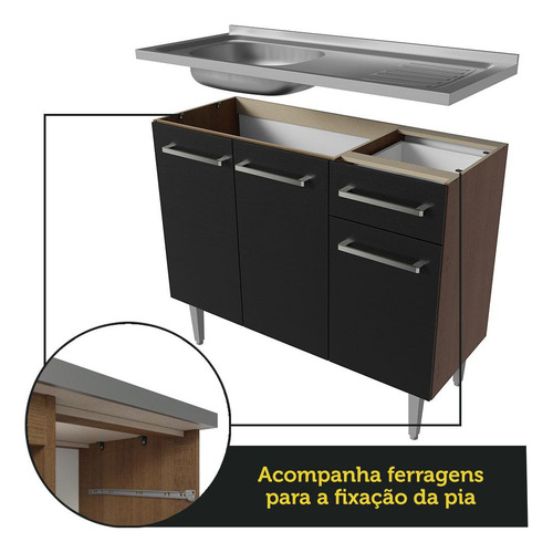 Armário Cozinha Compacta 137cm Com Pia Emilly Madesa Rp 07 Cor Rustic/Preto