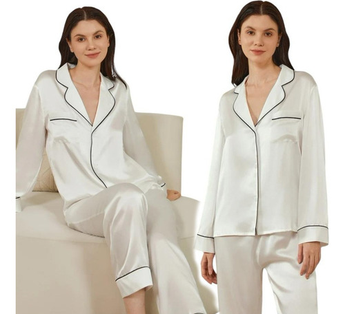 Pijama Mujer Seda Pantalon Largo Camisa Sexy Boton Bolsillos