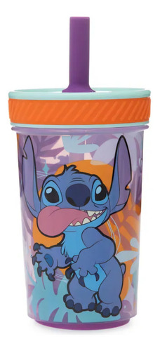 Termo Vaso Infantil Con Popote Stitch 370ml Anti Derramable Azul