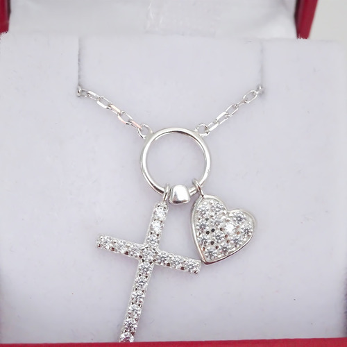 Amor Eterno - Collar Plata / Oro 24k / Cruz Corazón + Color Blanco
