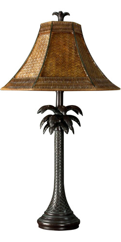 Lámpara De Mesa De Acero Con Palmera Y Tela De Ratán
