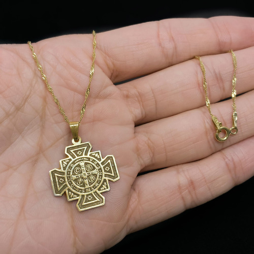 Cadena Y Dije Cruz San Benito Oro 18k Amarillo 45 Cm