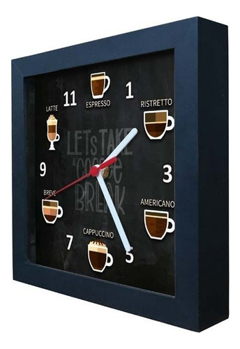 Relógio De Parede Decorativo Caixa Alta Tema Cafés - Qw019 Estrutura Preto Fundo Preto
