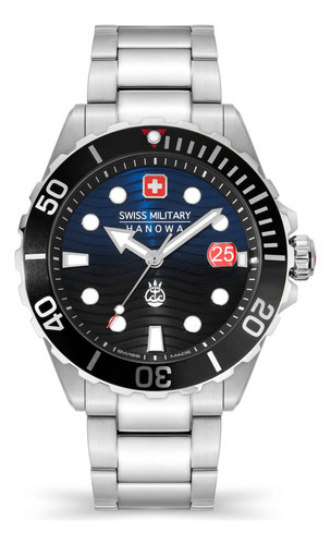 Reloj Swiss Military Smwgh2200302 Para Hombre Cristal Zafiro Color de la malla Plateado Color del bisel Gris/Rojo Color del fondo Negro y azul