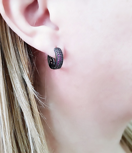 Imagem 2 de 7 de Brinco Argola Zirconia Semi Jóia Banhado Ródio Negro