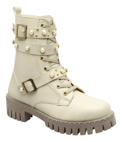 Botas Para Mujer Betty Beiges Combat Con Cierre Fareli