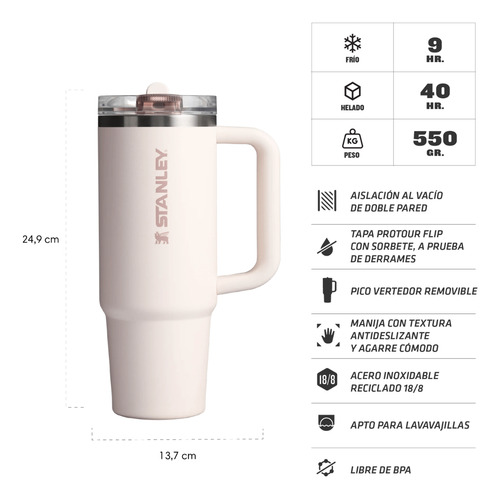 Vaso Termico Stanley Quencher Protour Flip Straw | 887ml Rose Quartz