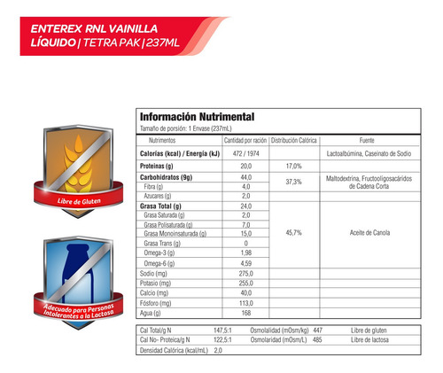 Imagen 3 de 5 de Enterex Renal Vainilla 8oz Pack De 24 Unidades