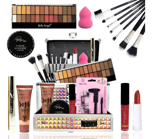 Maleta Kit Maquiagem Paleta Sombra Iluminador Base Ruby Rose