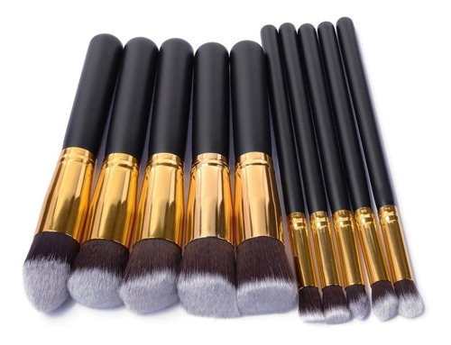 Mebix TRD Set de 10 Brochas para Maquillaje Profesional con Cerdas Suaves y Resistentes, Diseño en Negro y Dorado, Ideal para Aplicación de Base, Sombras y Polvo Compacto