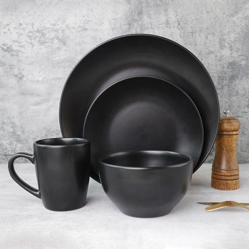 Vajilla Elegante Negro Mate Para 4 Personas 16 Piezas Liso