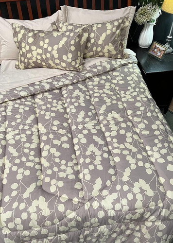 Acolchado 1 Plaza Con funda de almohadas Color Estampado Diseño Hojas Beige