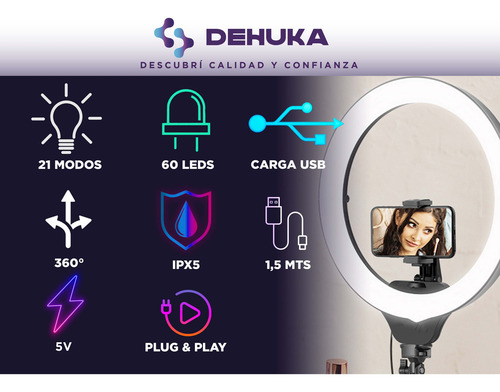 Aro De Luz Led Rgb 25 Cm Dehuka + Trípode 2 Mts + Soporte Celular Color