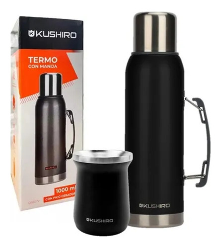 Combo Termo Con Manija 1000ml Mate Kushiro Conserva 24 Hs Térmico Negro