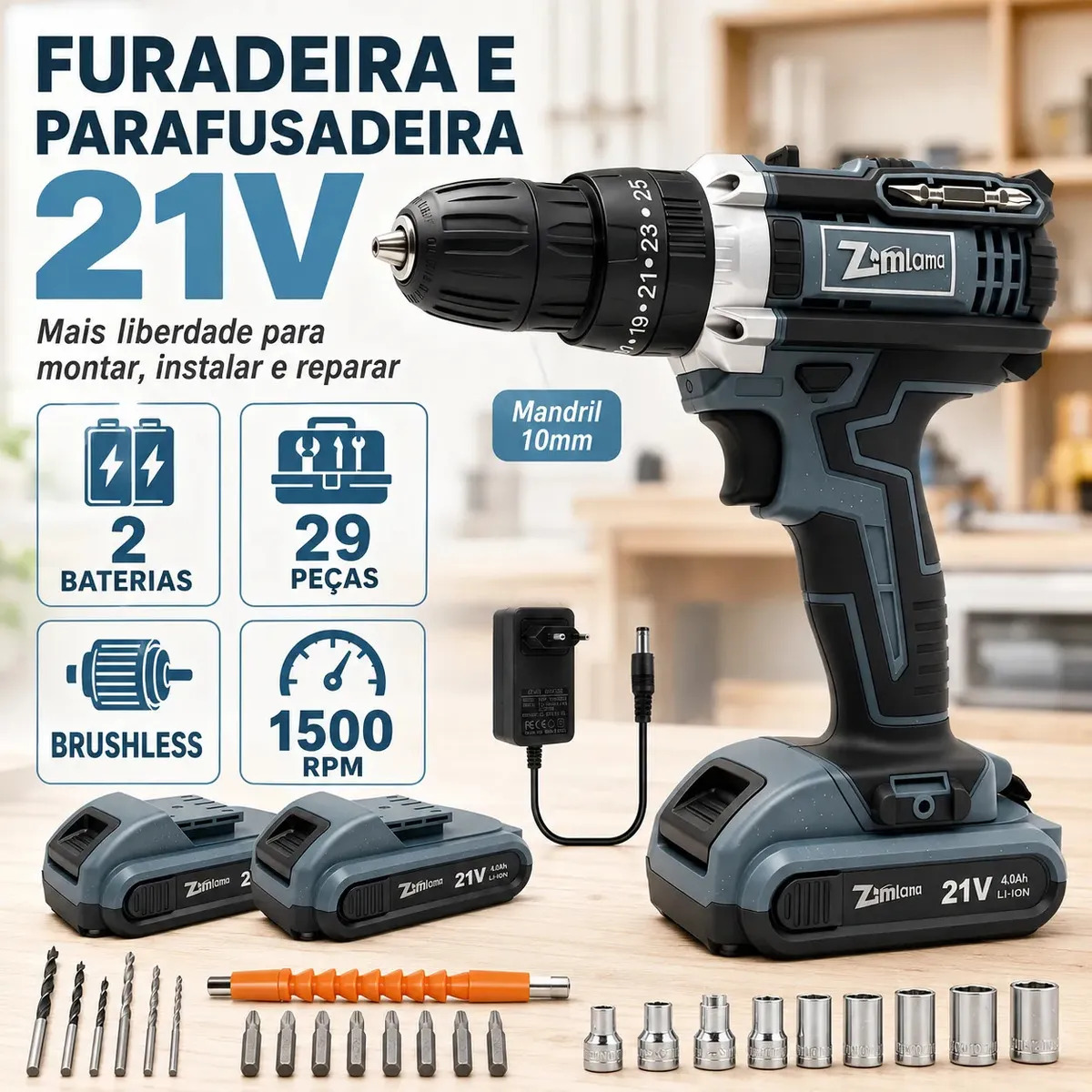 Parafusadeira Furadeira Impacto Sem Fio 2 Baterias Recarregável 21v Bivolt Velocidade Ajustavel Com Mandril Resistente