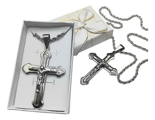Dije Cruz +cadena +caja De Regalo Plateado