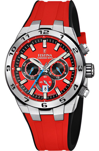 Reloj Festina F20671.5 Para Hombre Chronobike 2024 Malla Rojo Bisel Plateado Fondo Rojo