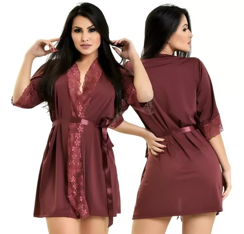 Kit Robe E Camisola Renda Sexy Hobby Luxo Manga Pijama Luxo - R$ 76,8