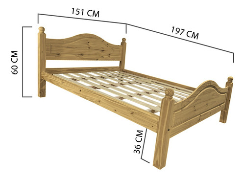 Cama Pino Macizo 2 Plazas Y Media Sari 1,4 X 1,9 Metros Color Cedro